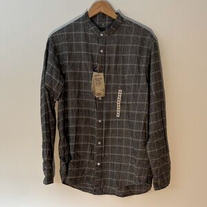 ✅ NWT MUJI Long Sleeve Button Down Stand Collar Flannel Shirt Gray Checks NEW